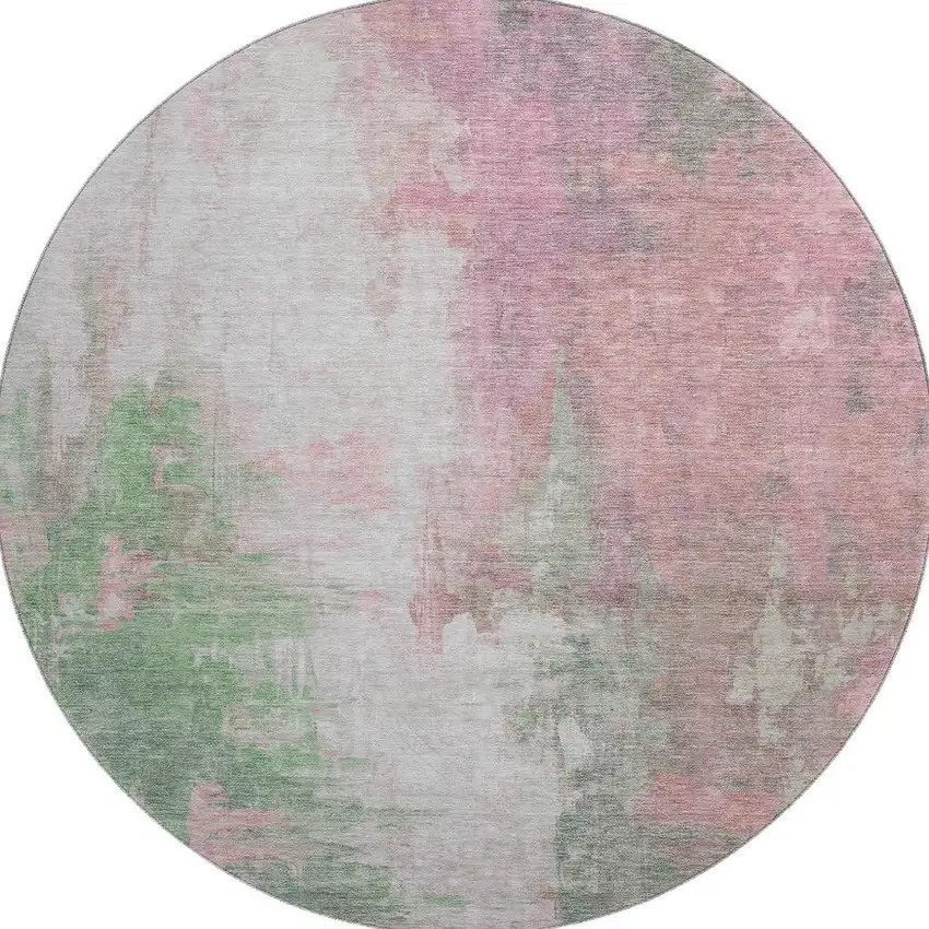 8' Blush Green And Gray Abstract Washable Round Rug With UV Protection Photo 4