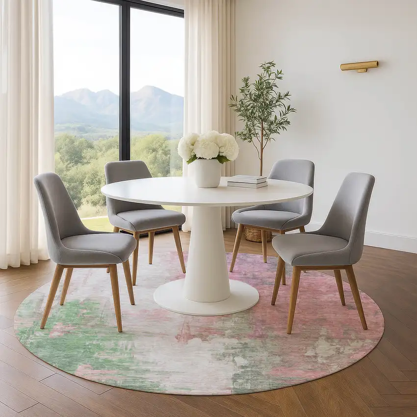 8' Blush Green And Gray Abstract Washable Round Rug With UV Protection Photo 5