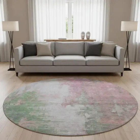 8' Blush Green And Gray Abstract Washable Round Rug With UV Protection Photo 2