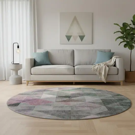 8' Blush Green And Ivory Geometric Washable Round Rug With UV Protection Photo 2