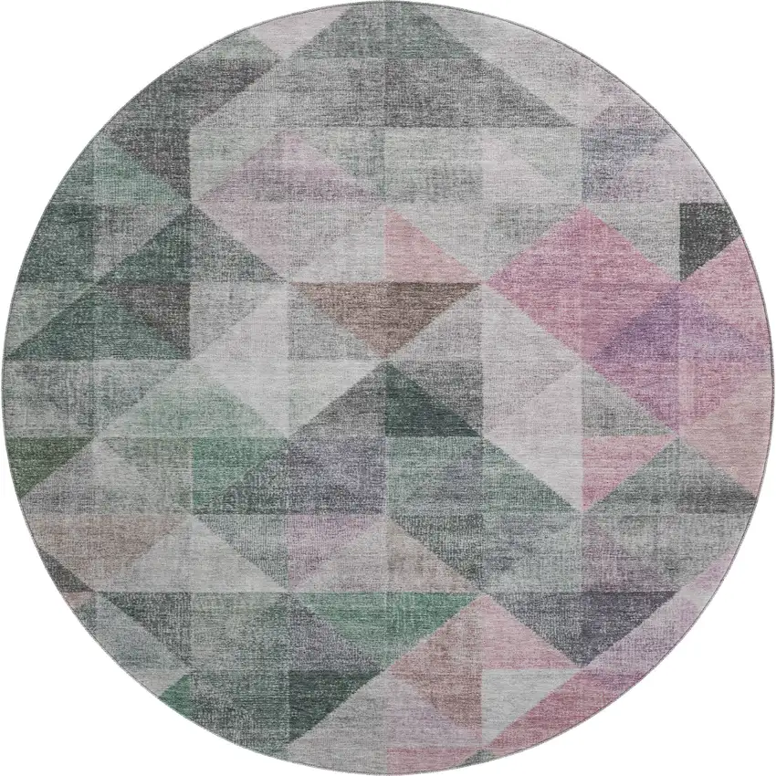 8' Blush Green And Ivory Geometric Washable Round Rug With UV Protection Photo 1