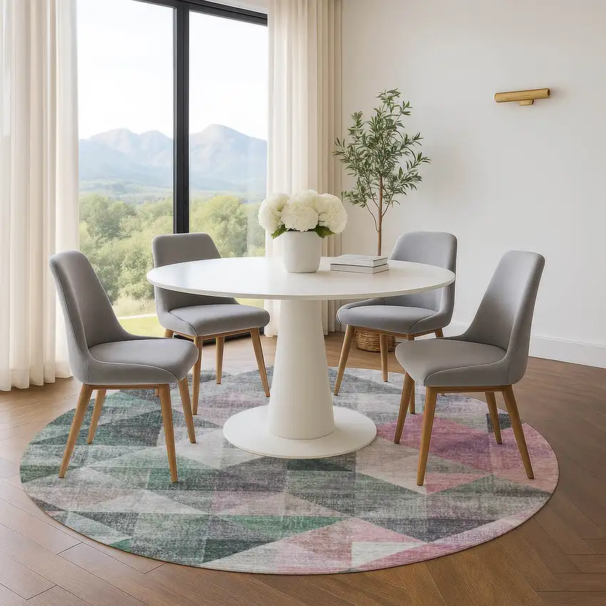 8' Blush Green And Ivory Geometric Washable Round Rug With UV Protection Photo 5