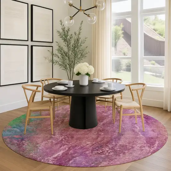 8' Blush Green And Purple Round Abstract Washable Indoor Outdoor Area Rug Photo 9