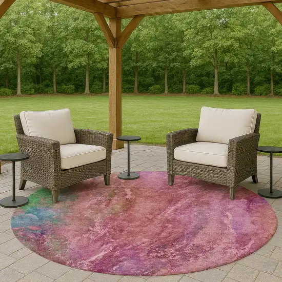 8' Blush Green And Purple Round Abstract Washable Indoor Outdoor Area Rug Photo 8