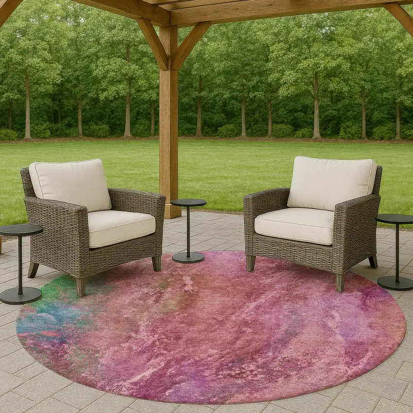 8' Blush Green And Purple Round Abstract Washable Indoor Outdoor Area Rug Photo 8