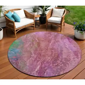Photo of 8' Blush Green And Purple Round Abstract Washable Indoor Outdoor Area Rug