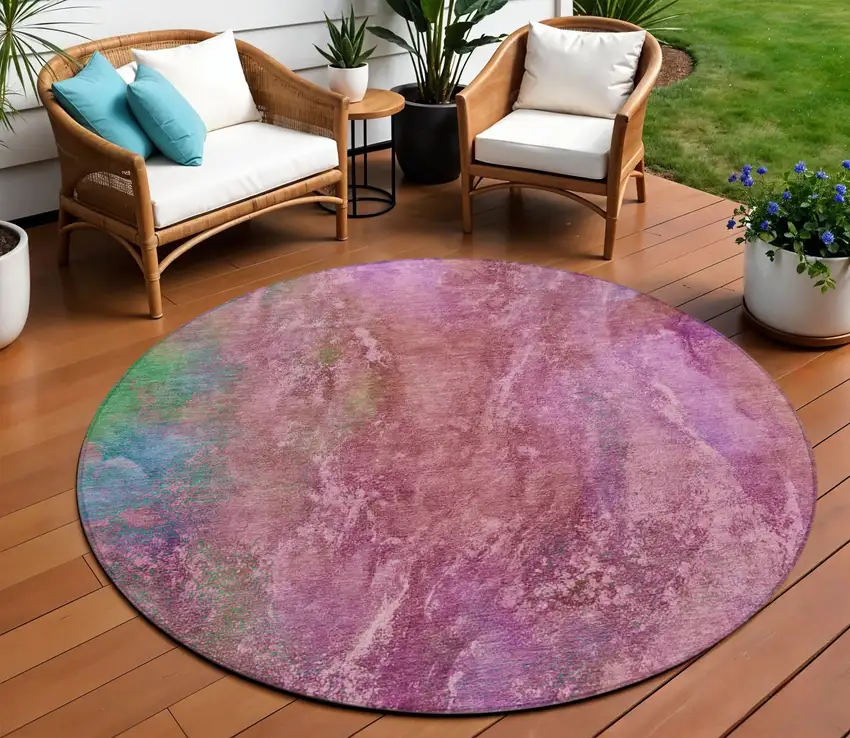 8' Blush Green And Purple Round Abstract Washable Indoor Outdoor Area Rug Photo 1