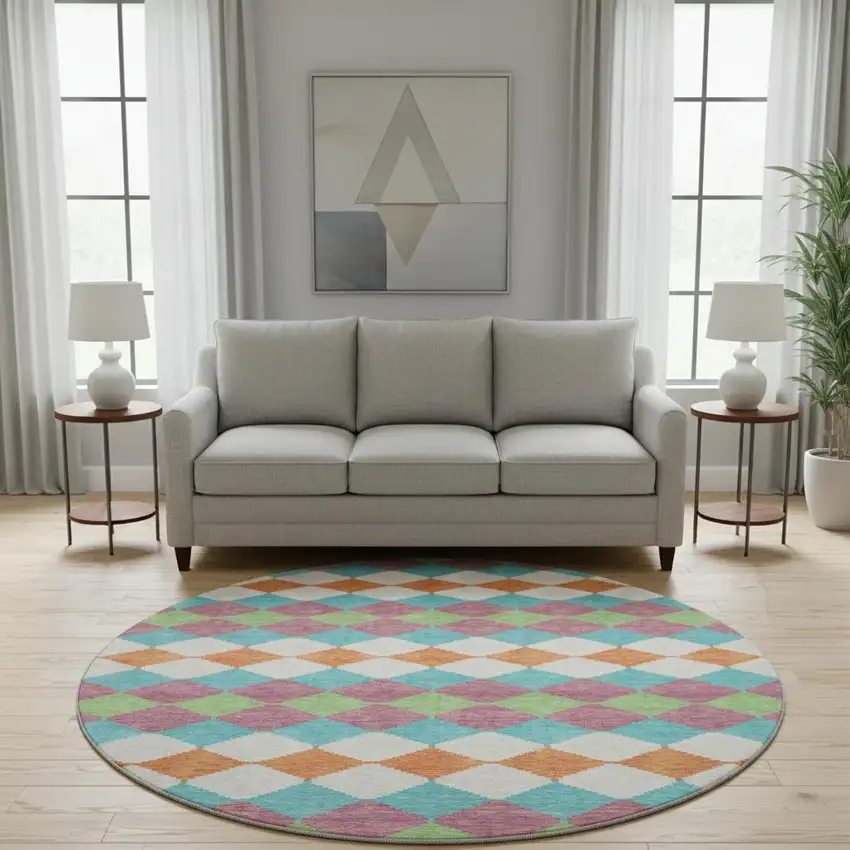 8' Blush Green And Teal Geometric Washable Round Rug With UV Protection Photo 2