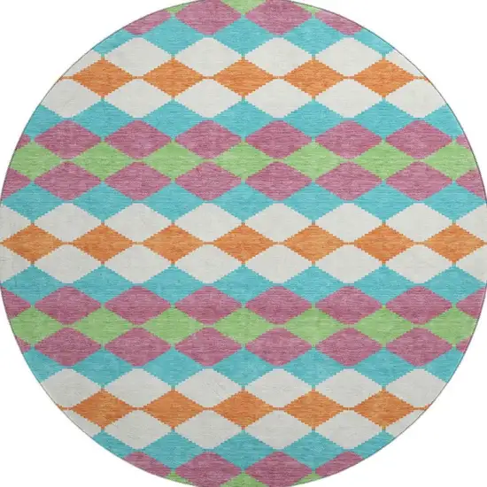8' Blush Green And Teal Geometric Washable Round Rug With UV Protection Photo 2