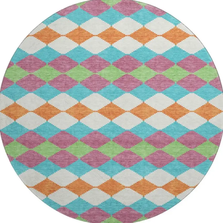 8' Blush Green And Teal Geometric Washable Round Rug With UV Protection Photo 2