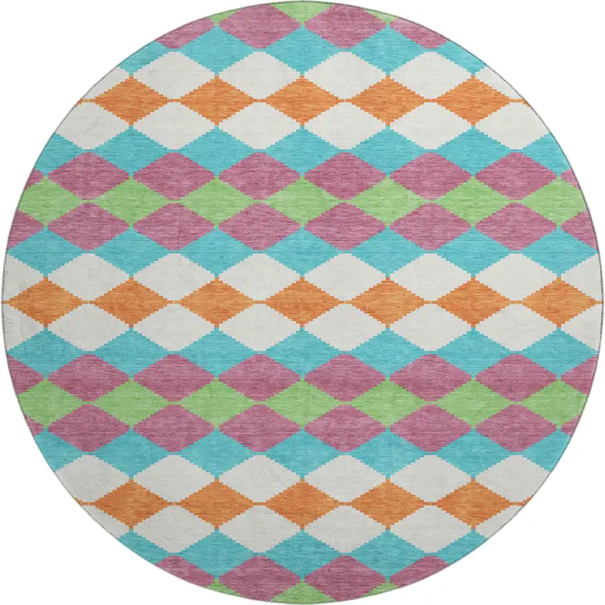 8' Blush Green And Teal Geometric Washable Round Rug With UV Protection Photo 1