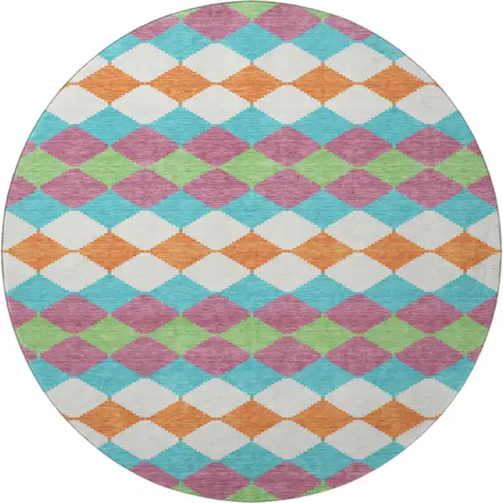 8' Blush Green And Teal Geometric Washable Round Rug With UV Protection Photo 3
