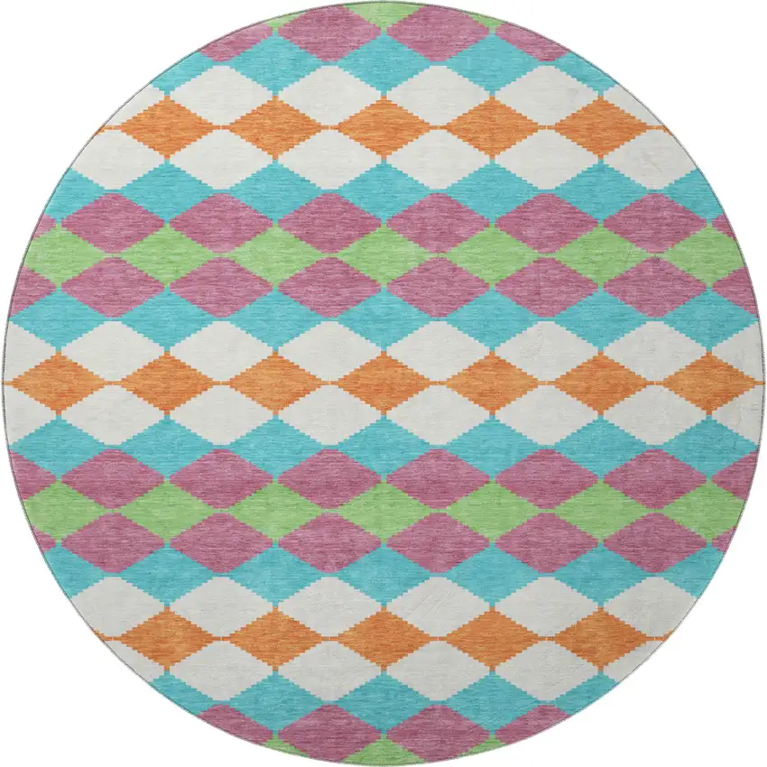 8' Blush Green And Teal Geometric Washable Round Rug With UV Protection Photo 3