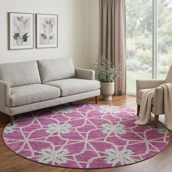 8' Blush Ivory And Beige Geometric Washable Round Rug With UV Protection Photo 1