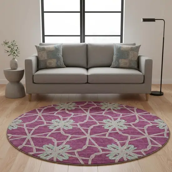 8' Blush Ivory And Beige Geometric Washable Round Rug With UV Protection Photo 2