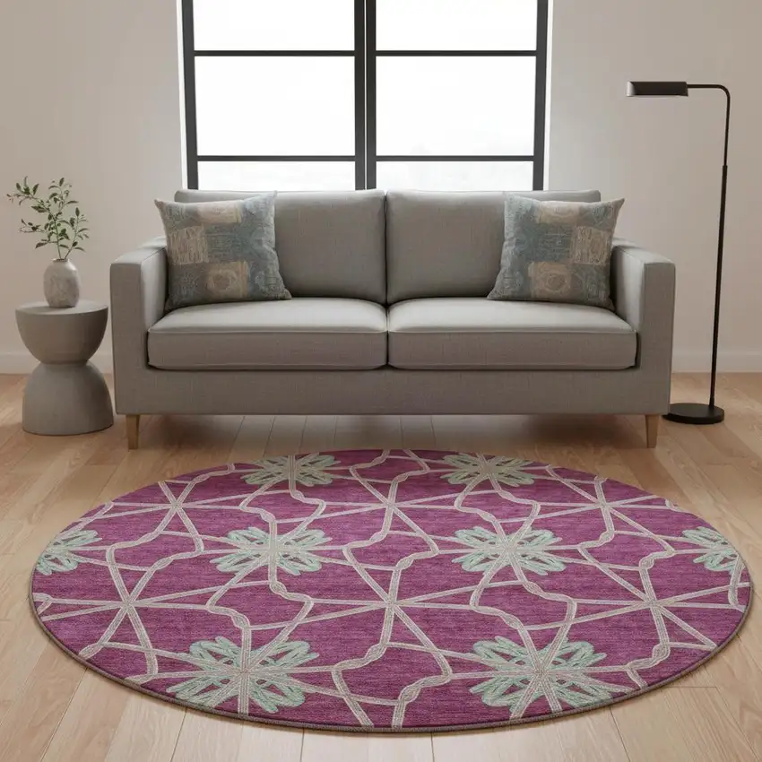 8' Blush Ivory And Beige Geometric Washable Round Rug With UV Protection Photo 2