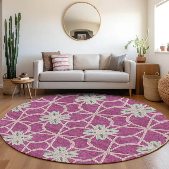 8' Blush Ivory And Beige Geometric Washable Round Rug With UV Protection Photo 4