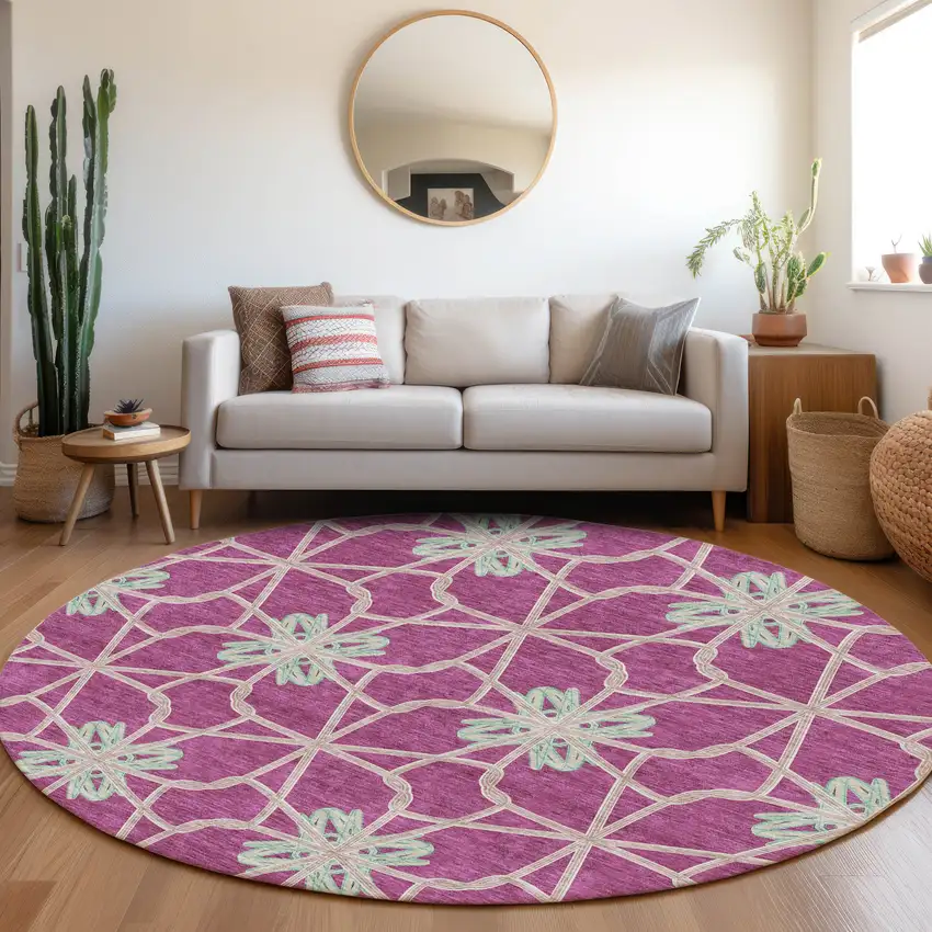 8' Blush Ivory And Beige Geometric Washable Round Rug With UV Protection Photo 4