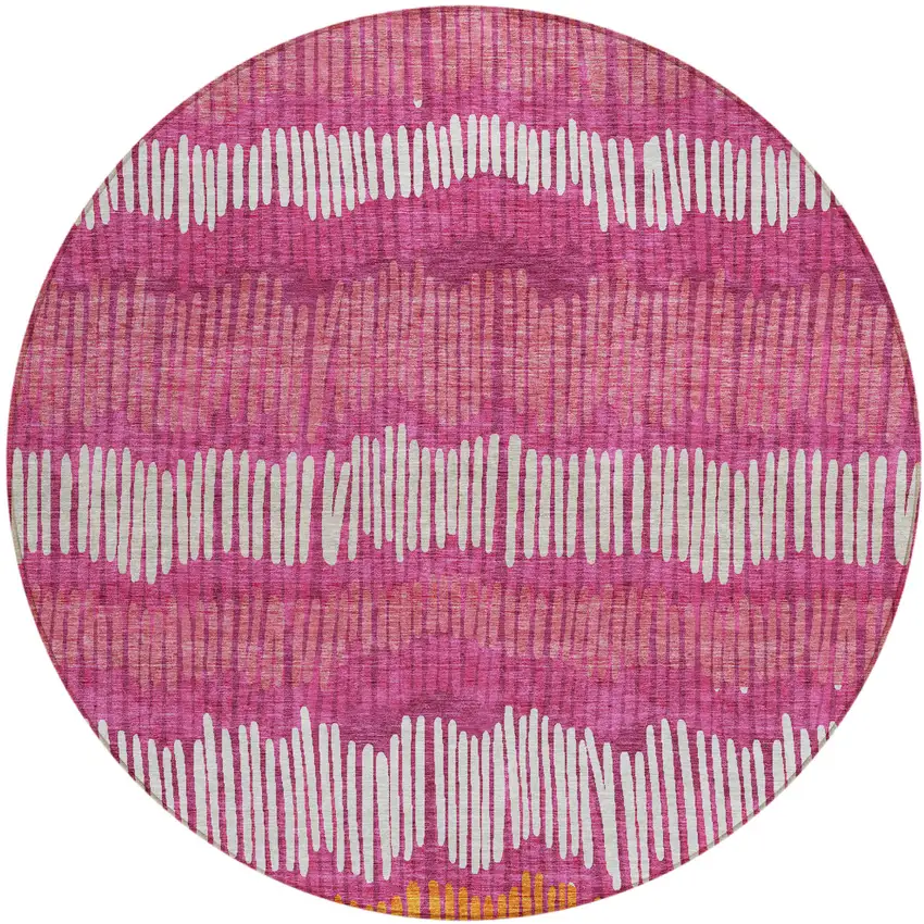 8' Blush Ivory And Brown Round Striped Washable Indoor Outdoor Area Rug Photo 2