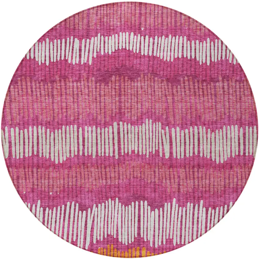 8' Blush Ivory And Brown Round Striped Washable Indoor Outdoor Area Rug Photo 6