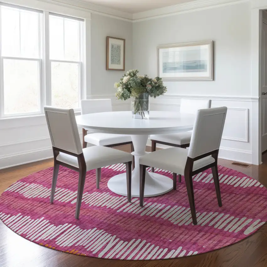 8' Blush Ivory And Brown Round Striped Washable Indoor Outdoor Area Rug Photo 8