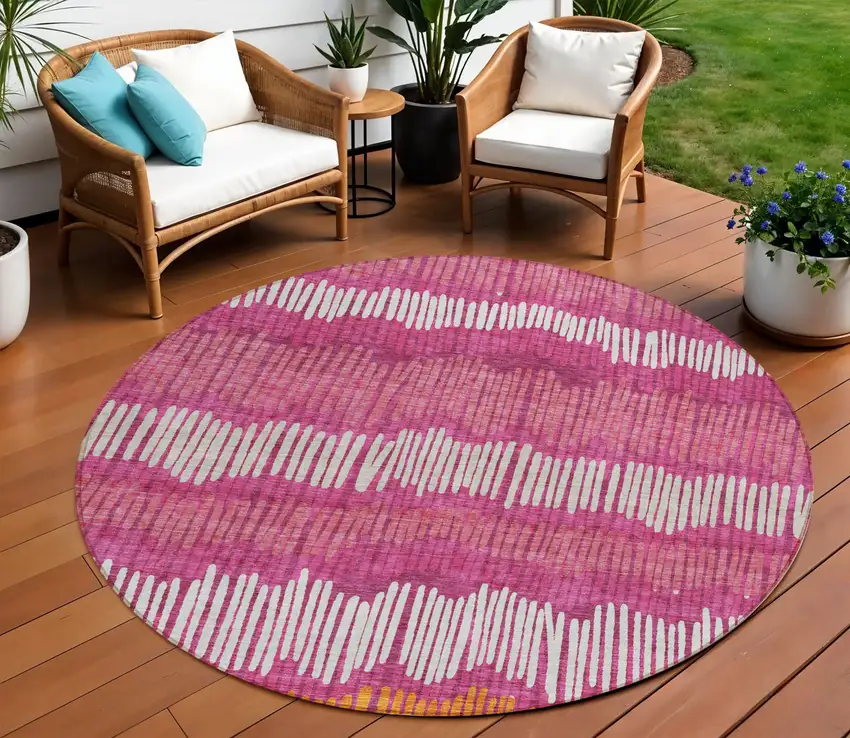 8' Blush Ivory And Brown Round Striped Washable Indoor Outdoor Area Rug Photo 1