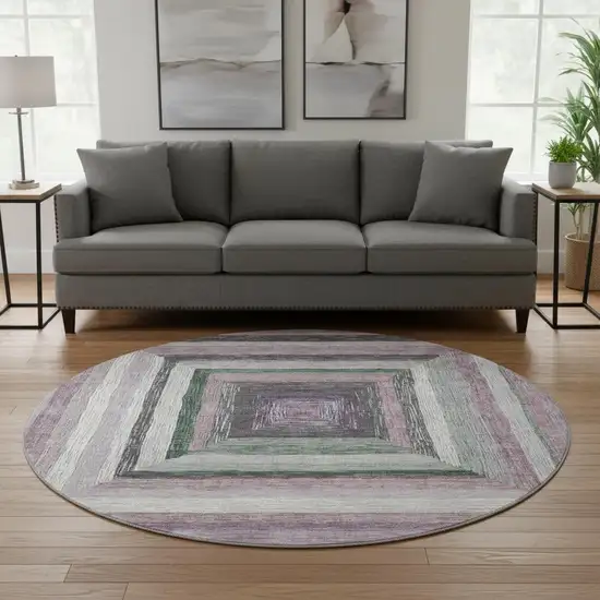 8' Blush Ivory And Charcoal Geometric Washable Round Rug With UV Protection Photo 2