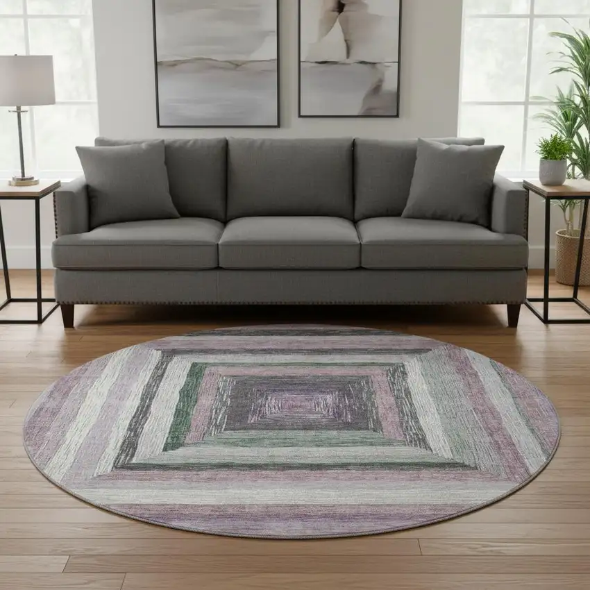 8' Blush Ivory And Charcoal Geometric Washable Round Rug With UV Protection Photo 2