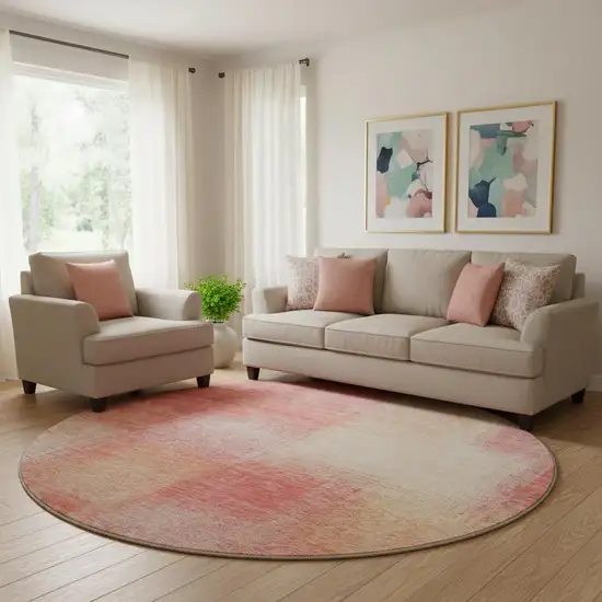 8' Blush Ivory And Copper Abstract Washable Round Rug With UV Protection Photo 1