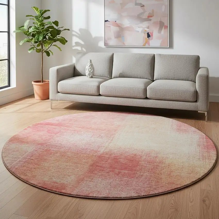 8' Blush Ivory And Copper Abstract Washable Round Rug With UV Protection Photo 2