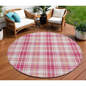 Photo of 8' Blush Ivory And Copper Round Plaid Washable Indoor Outdoor Area Rug