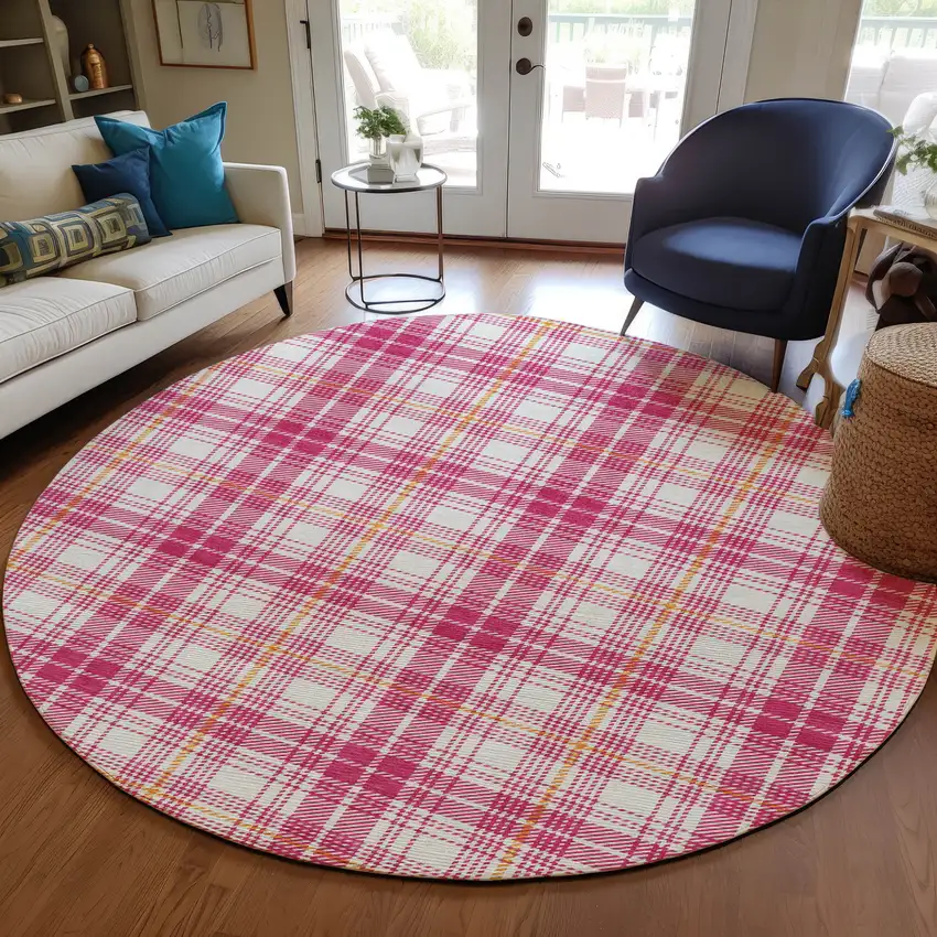 8' Blush Ivory And Copper Round Plaid Washable Indoor Outdoor Area Rug Photo 6