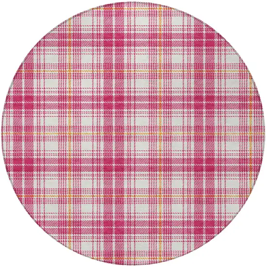 8' Blush Ivory And Copper Round Plaid Washable Indoor Outdoor Area Rug Photo 4
