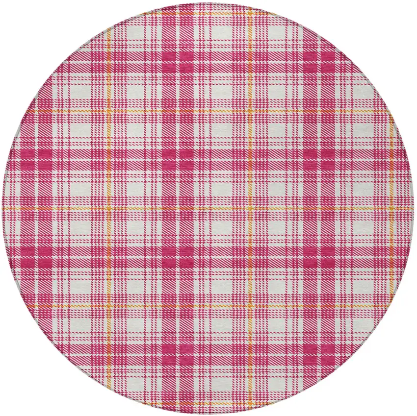 8' Blush Ivory And Copper Round Plaid Washable Indoor Outdoor Area Rug Photo 4