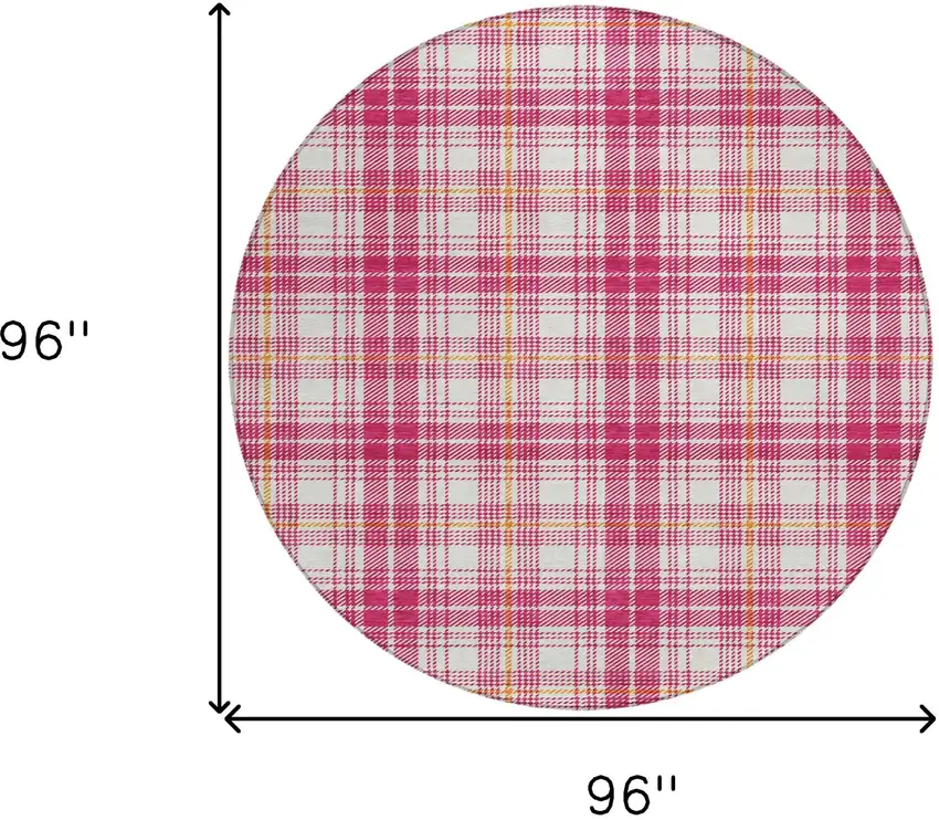8' Blush Ivory And Copper Round Plaid Washable Indoor Outdoor Area Rug Photo 3