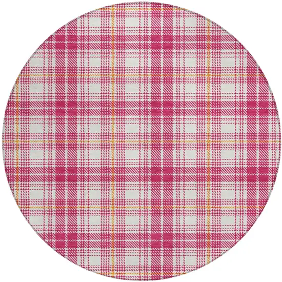 8' Blush Ivory And Copper Round Plaid Washable Indoor Outdoor Area Rug Photo 2