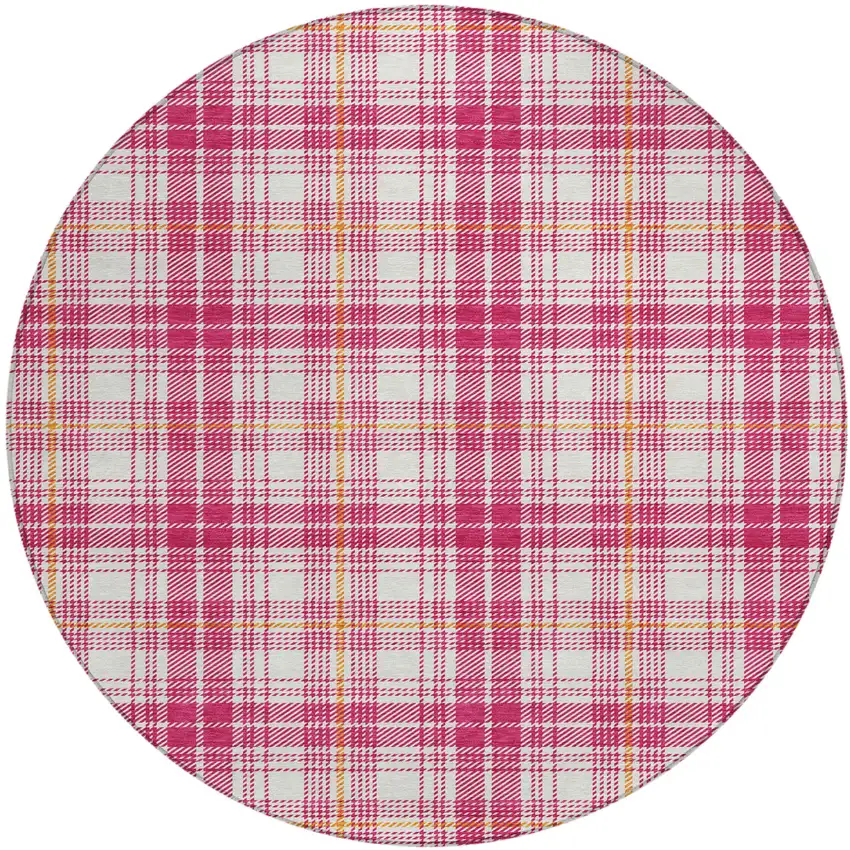 8' Blush Ivory And Copper Round Plaid Washable Indoor Outdoor Area Rug Photo 2