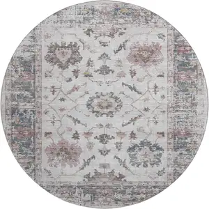 Photo of 8' Blush Ivory And Denim Blue Oriental Washable Round Rug With UV Protection