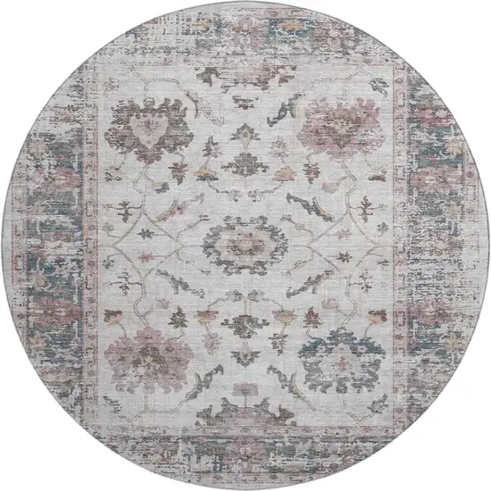 8' Blush Ivory And Denim Blue Oriental Washable Round Rug With UV Protection Photo 1
