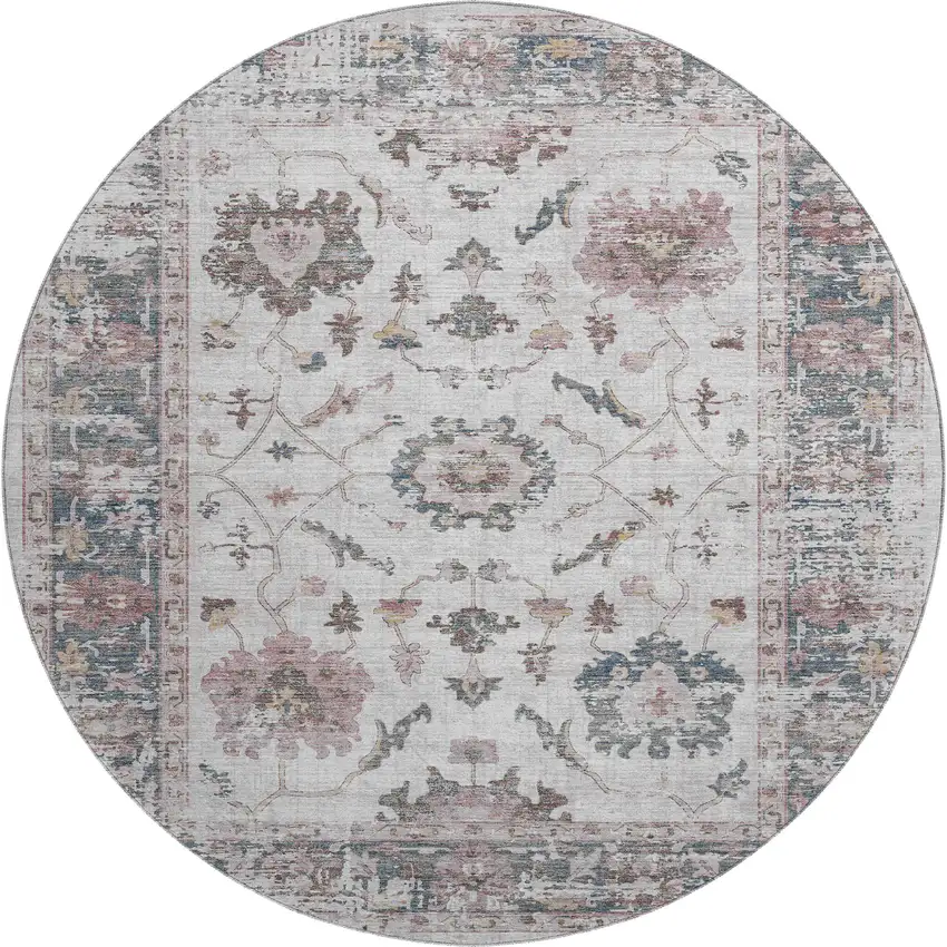 8' Blush Ivory And Denim Blue Oriental Washable Round Rug With UV Protection Photo 1