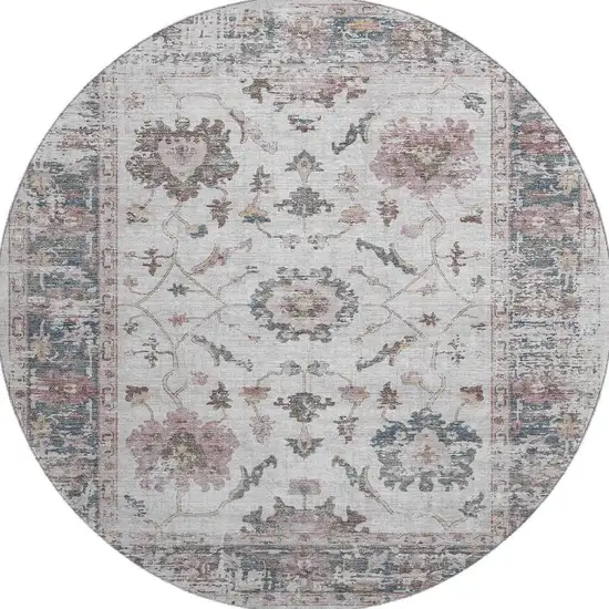 8' Blush Ivory And Denim Blue Oriental Washable Round Rug With UV Protection Photo 4