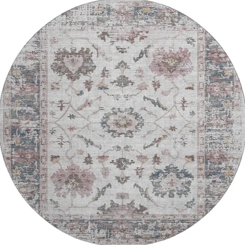 8' Blush Ivory And Denim Blue Oriental Washable Round Rug With UV Protection Photo 4