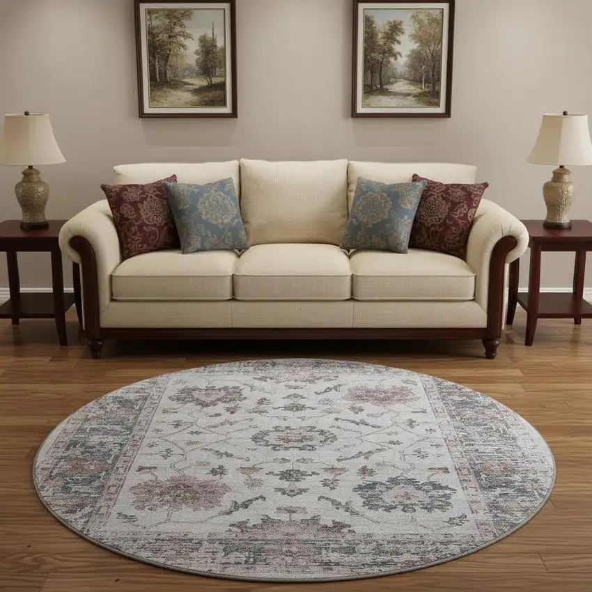 8' Blush Ivory And Denim Blue Oriental Washable Round Rug With UV Protection Photo 2