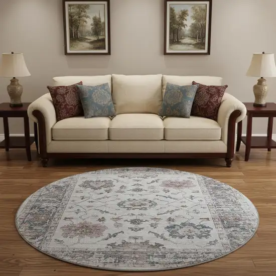 8' Blush Ivory And Denim Blue Oriental Washable Round Rug With UV Protection Photo 2