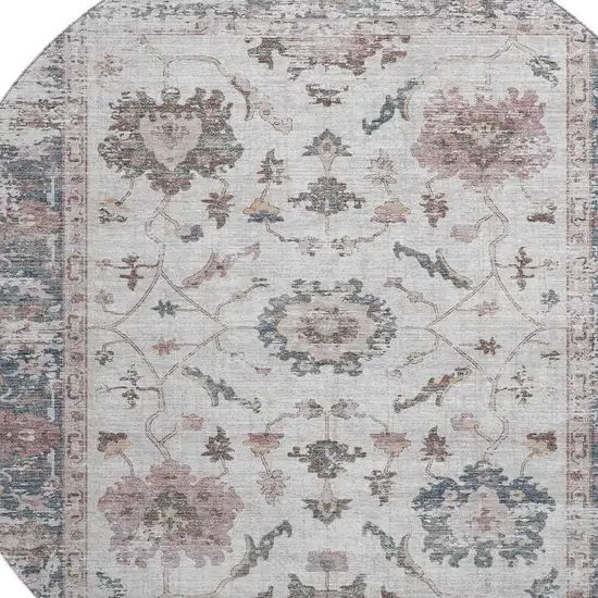 8' Blush Ivory And Denim Blue Oriental Washable Round Rug With UV Protection Photo 3
