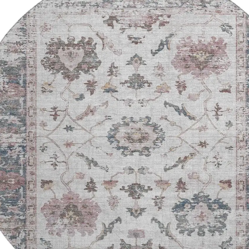 8' Blush Ivory And Denim Blue Oriental Washable Round Rug With UV Protection Photo 3