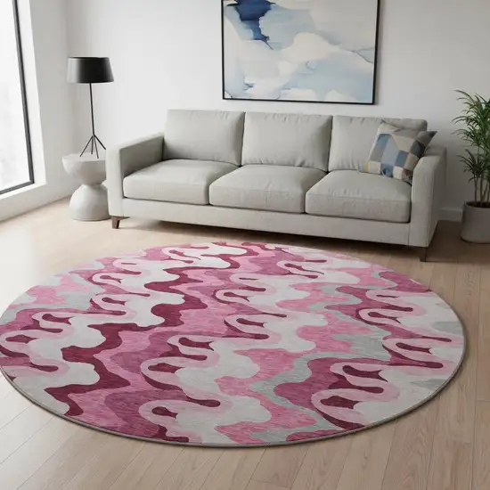 8' Blush Ivory And Gray Abstract Washable Round Rug With UV Protection Photo 2