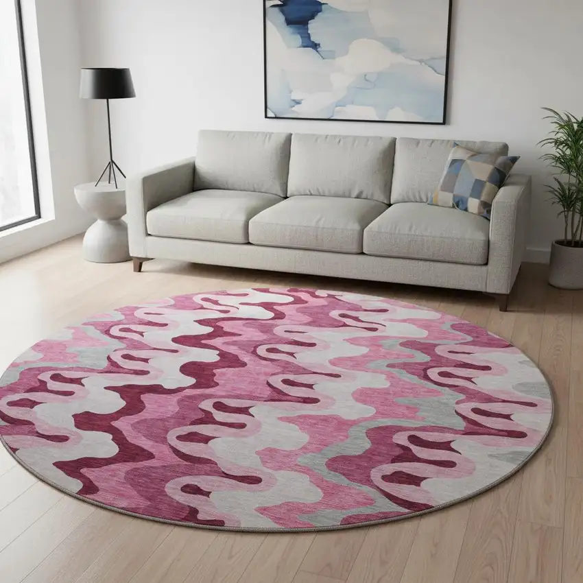 8' Blush Ivory And Gray Abstract Washable Round Rug With UV Protection Photo 2