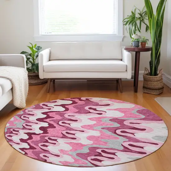 8' Blush Ivory And Gray Abstract Washable Round Rug With UV Protection Photo 5