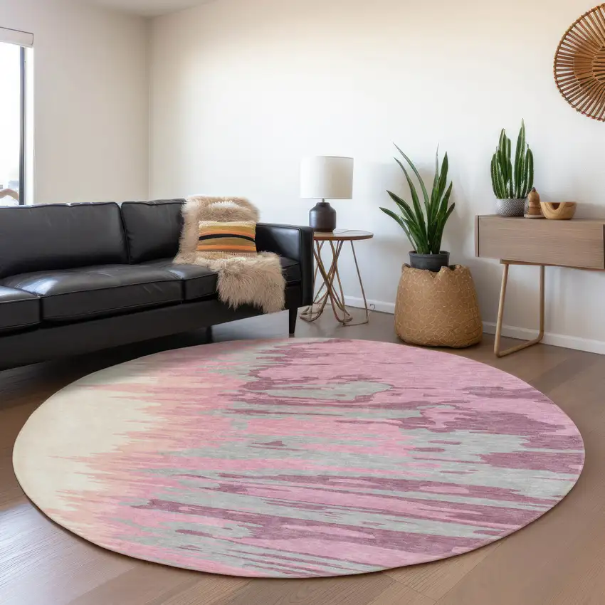 8' Blush Ivory And Gray Abstract Washable Round Rug With UV Protection Photo 4